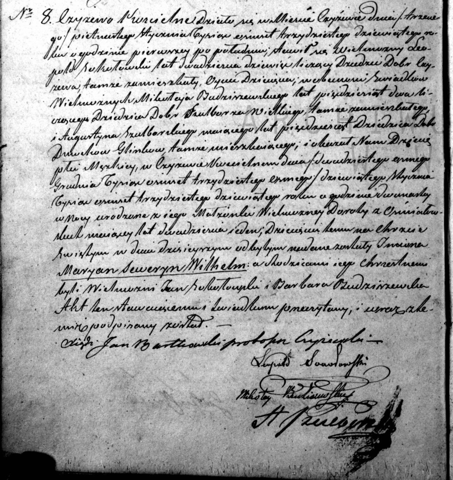 Handwritten 1839 Polish birth entry in paragraph form from the Czyżew parish register