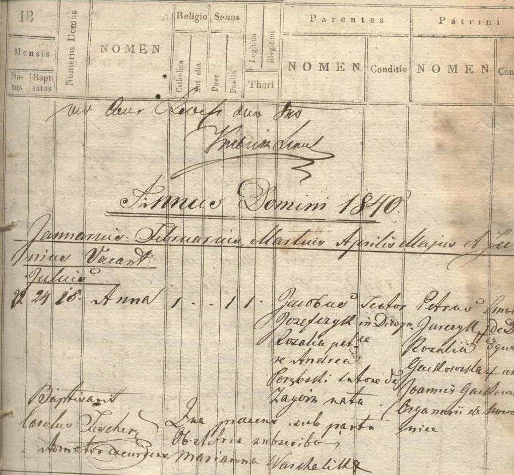 Page of an 1840 Latin baptism register from Galicia with ruled columns
