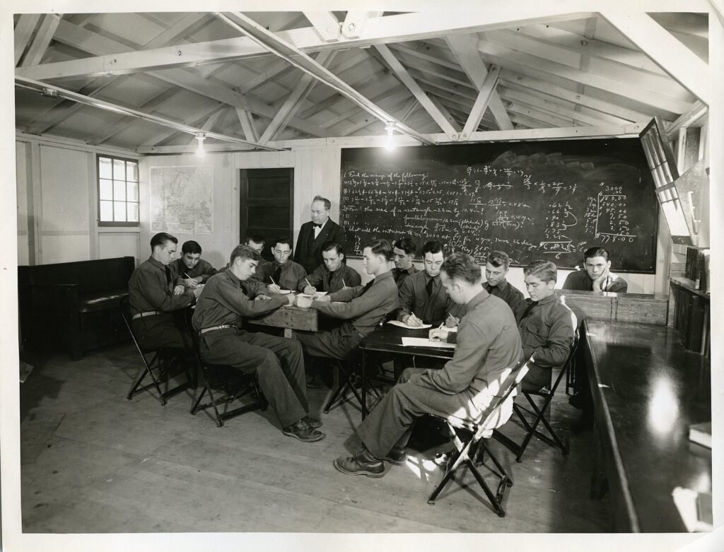 Young Civilian Conservation Corps enrollees in an arithmetic class at Camp SCS-4, Sebastopol, California