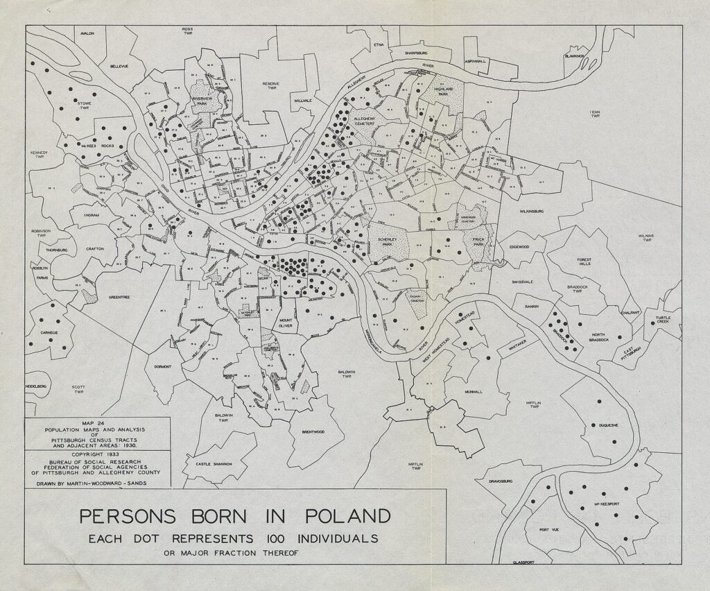 1933 dot map showing where people born in Poland lived in Pittsburgh in 1930