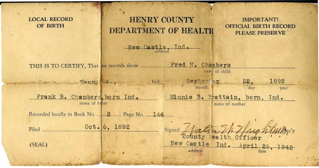 1942 copy of Fred H. Chambers birth record showing an 1892 filing date in Henry County, Indiana