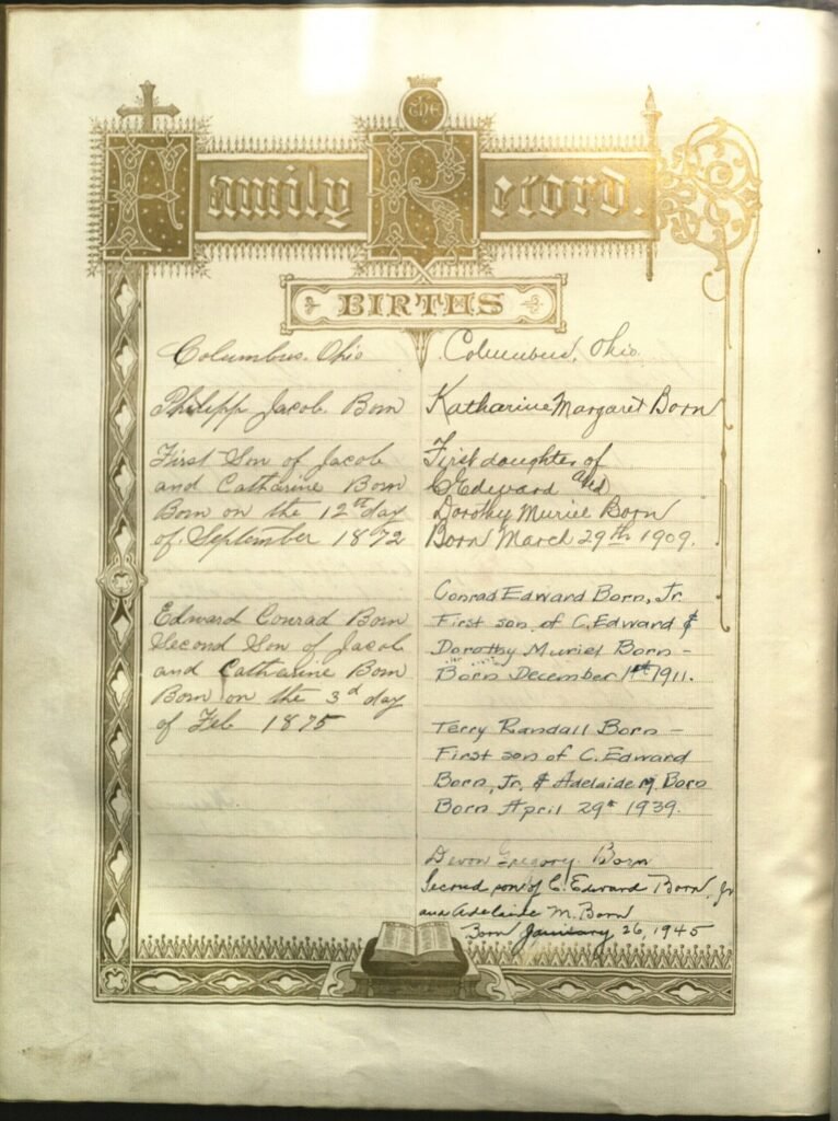 Decorated family Bible page recording births, Born family of Columbus, Ohio, 1873