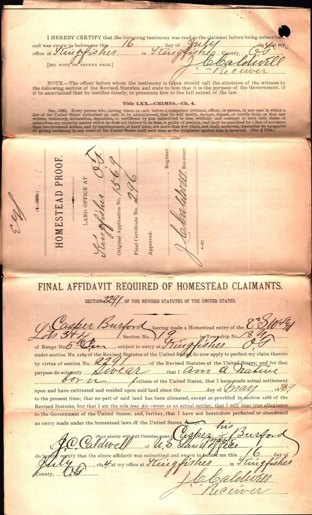 Handwritten homestead final proof testimony form from the Kingfisher land office, 1894
