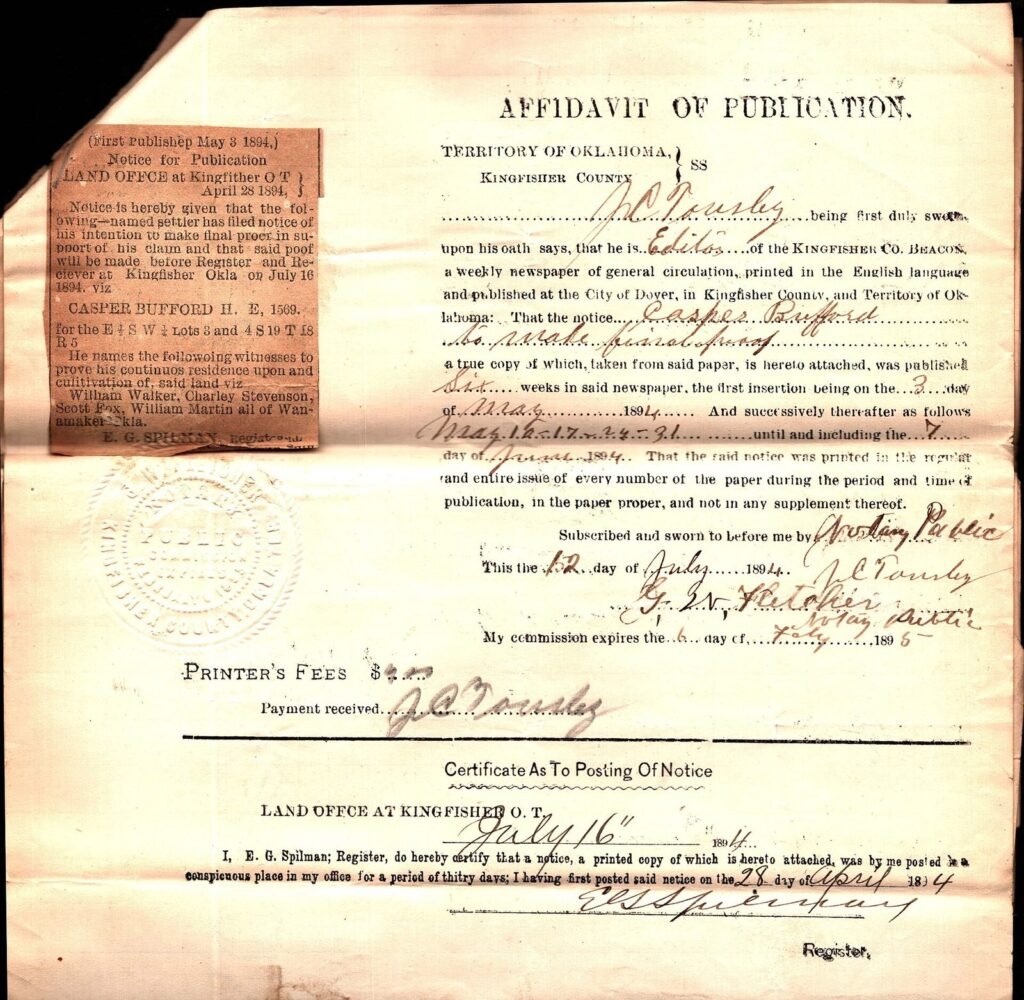 Affidavit of publication with pasted newspaper notice of homestead final proof, Kingfisher, 1894