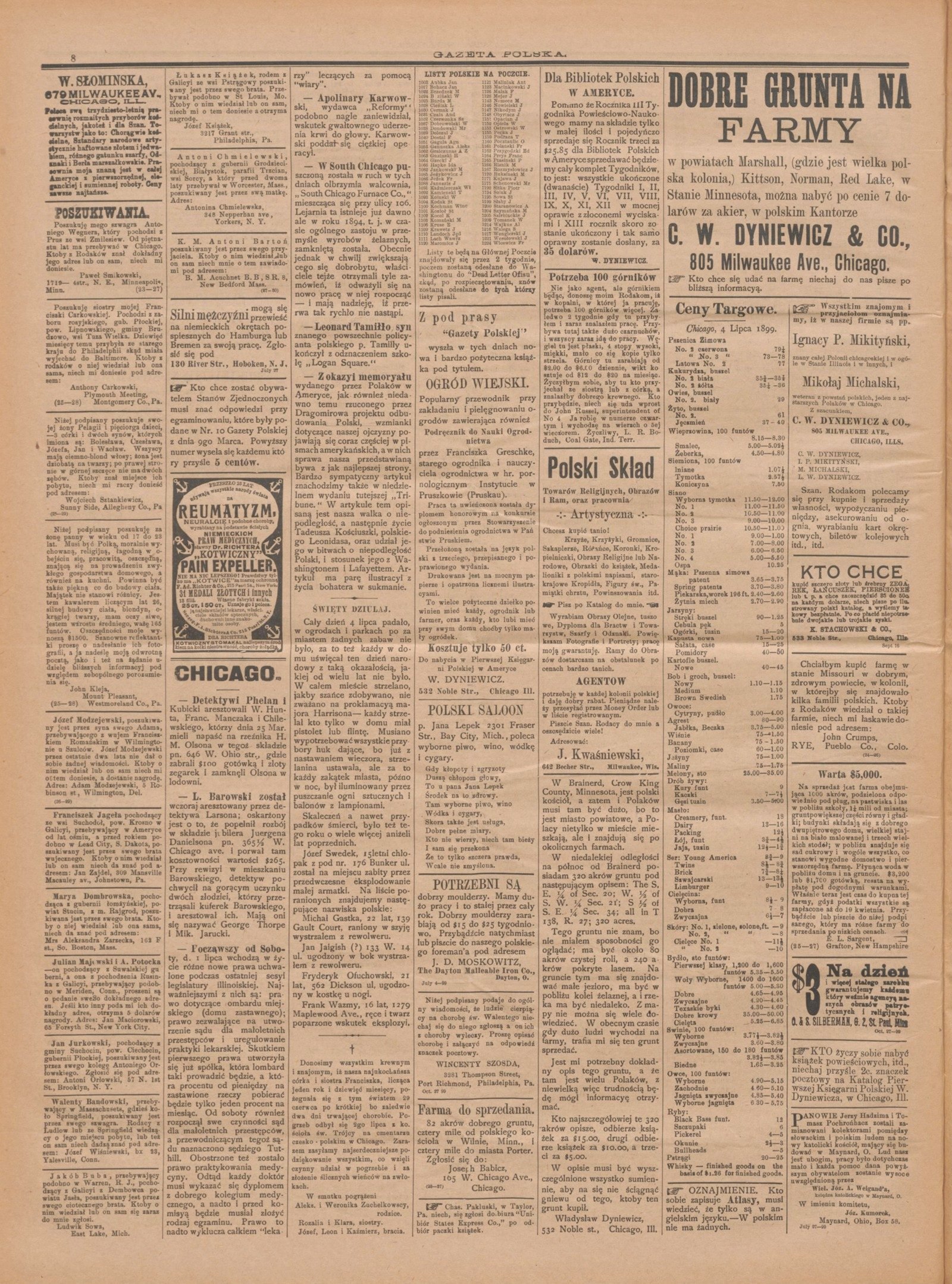 Page of Gazeta Polska w Chicago, 1899, with notices seeking relatives