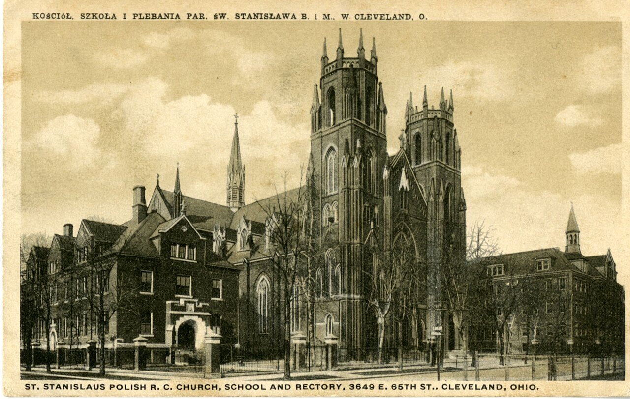 Postcard of St. Stanislaus church, school and rectory in Cleveland, about 1920