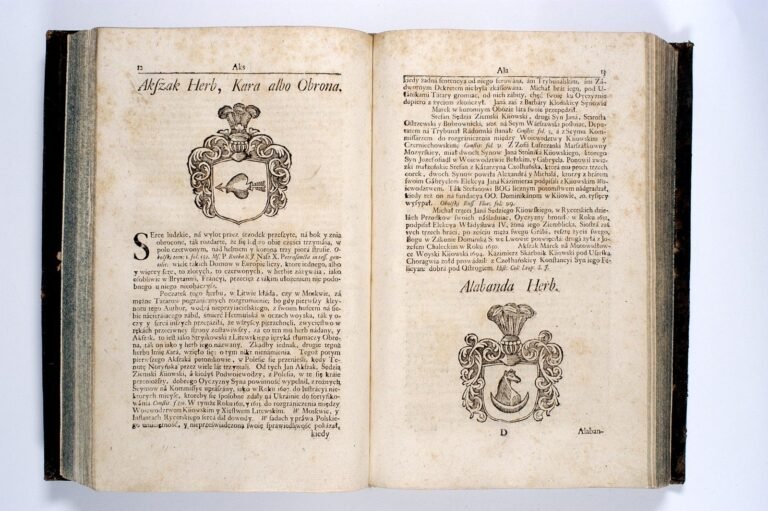 Open 18th-century armorial with woodcut coats of arms Akszak and Alabanda and Polish text