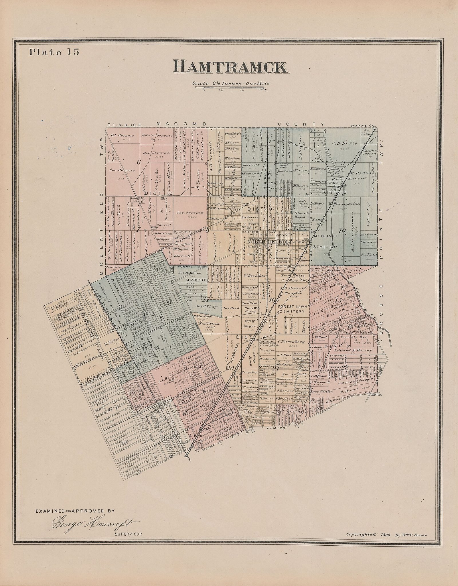 1893 atlas map of Hamtramck in Wayne County, Michigan, showing land parcels and owners
