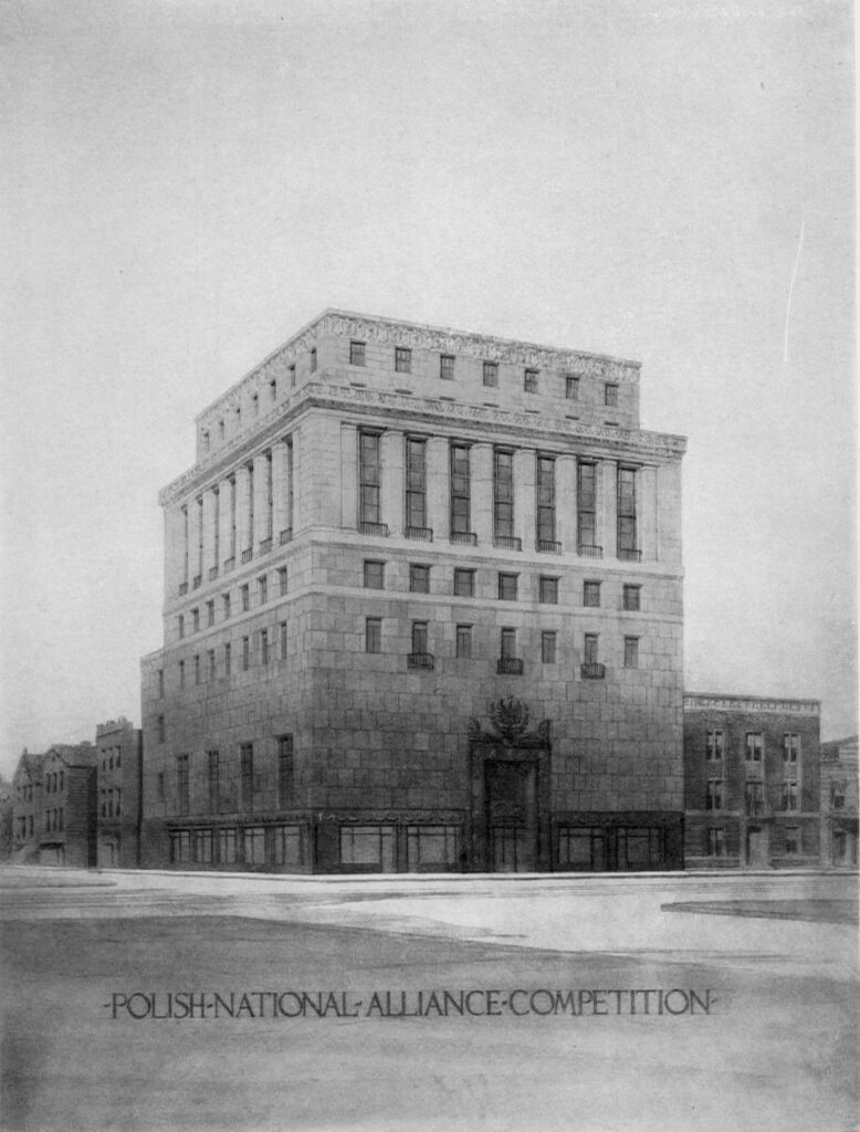 Architectural drawing of a tall unbuilt Polish National Alliance headquarters tower in Chicago, 1924