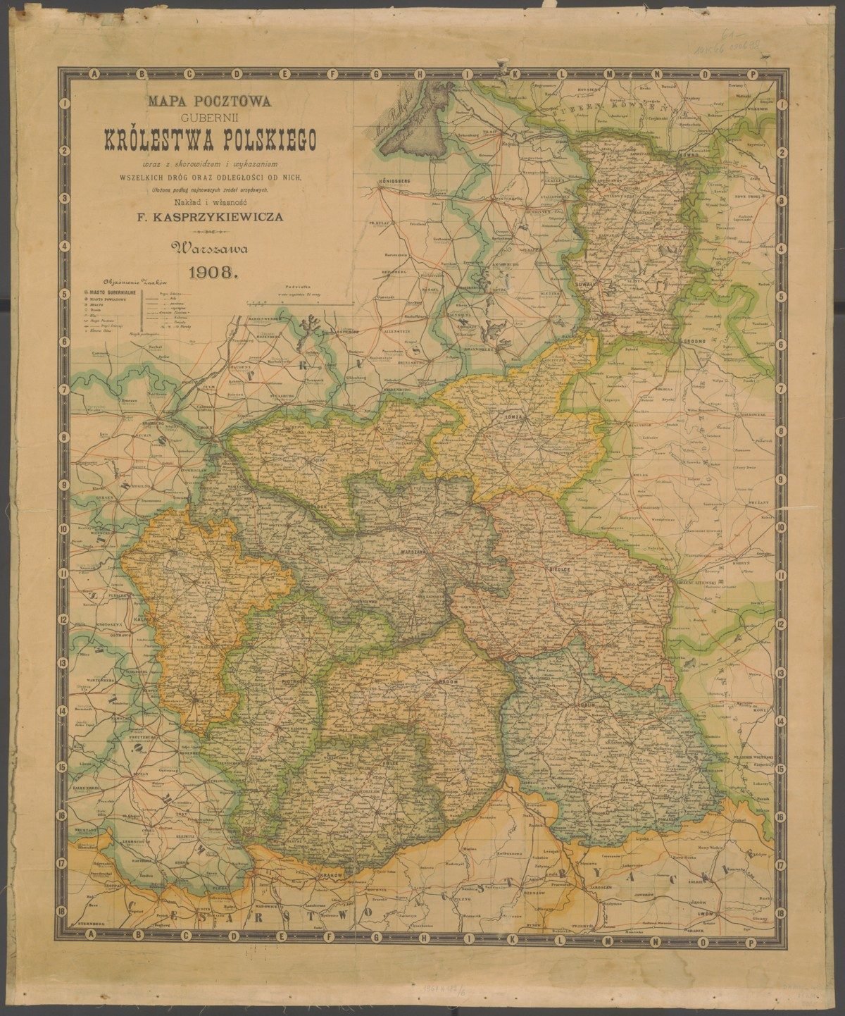 1908 color postal map of the provinces of the Kingdom of Poland