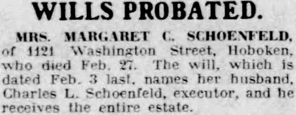 1915 newspaper column listing wills probated in Hudson County, New Jersey