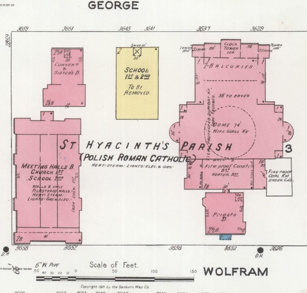 1921 Sanborn fire insurance map detail of St. Hyacinth Polish Roman Catholic parish buildings, Chicago