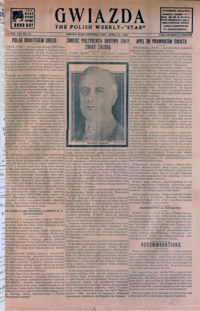 Front page of the Polish weekly Gwiazda of Holyoke, Massachusetts, April 14, 1945