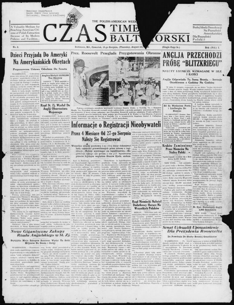 Front page of the Polish-language newspaper Czas Baltimorski, August 15, 1940