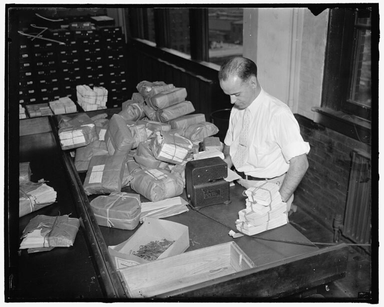 Bundles of Social Security applications at the Social Security Board office, Baltimore, 1937
