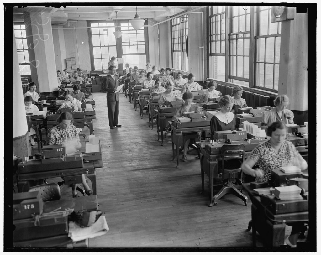 Women operating key punch machines at the Social Security Board records office, Baltimore, 1937