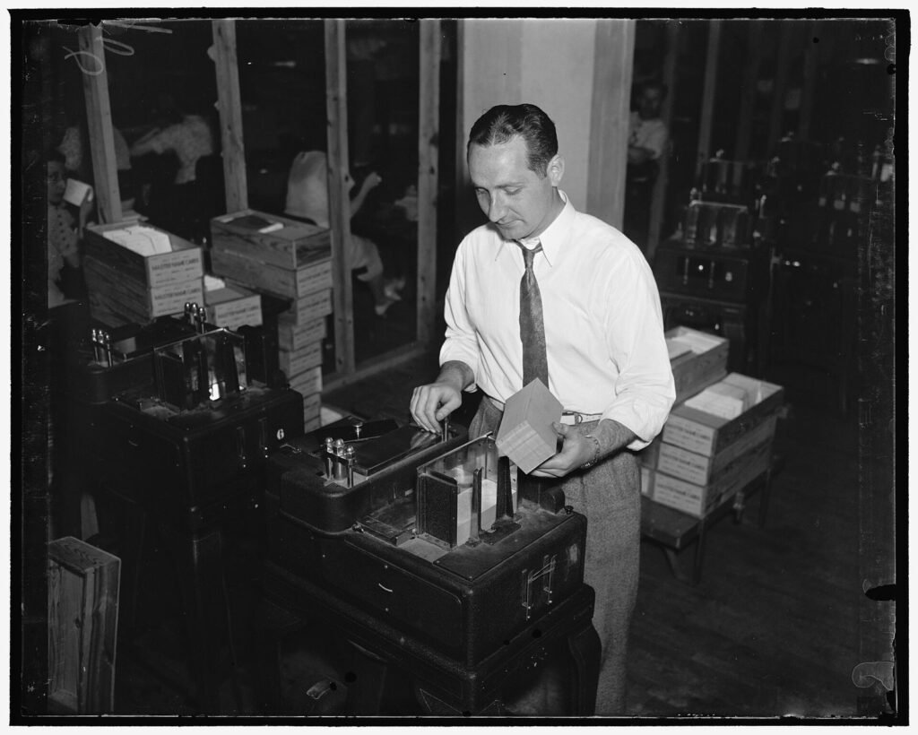 Clerks handling Social Security account records at the Baltimore records office, 1937