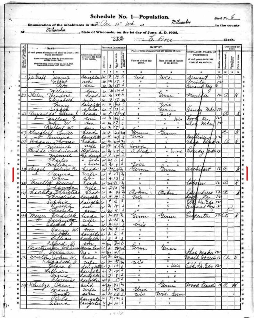 Extract from a handwritten 1905 Wisconsin state census schedule, 10th Ward, Milwaukee