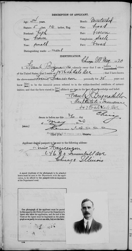 1920 US passport application form with applicant photograph, filed in Illinois