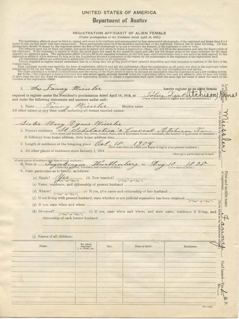 Page one of the 1918 enemy alien registration affidavit of Fanny Miessler, Atchison, Kansas
