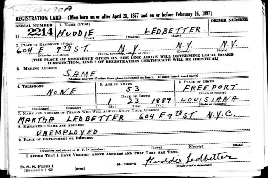 1942 Fourth Registration draft card of Huddie Ledbetter, known as Lead Belly