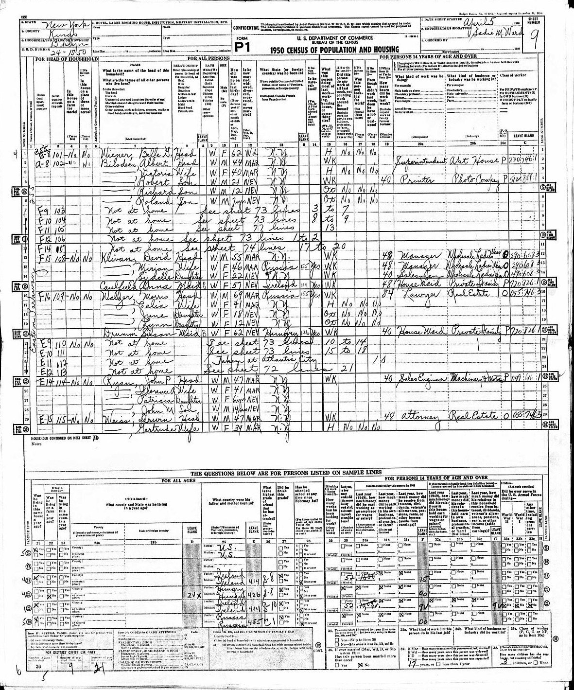 Handwritten page of the 1950 U.S. census population schedule