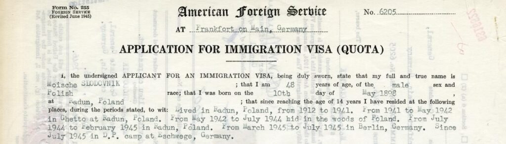 Detail of Moische Slodovnik's visa application listing his earlier residences