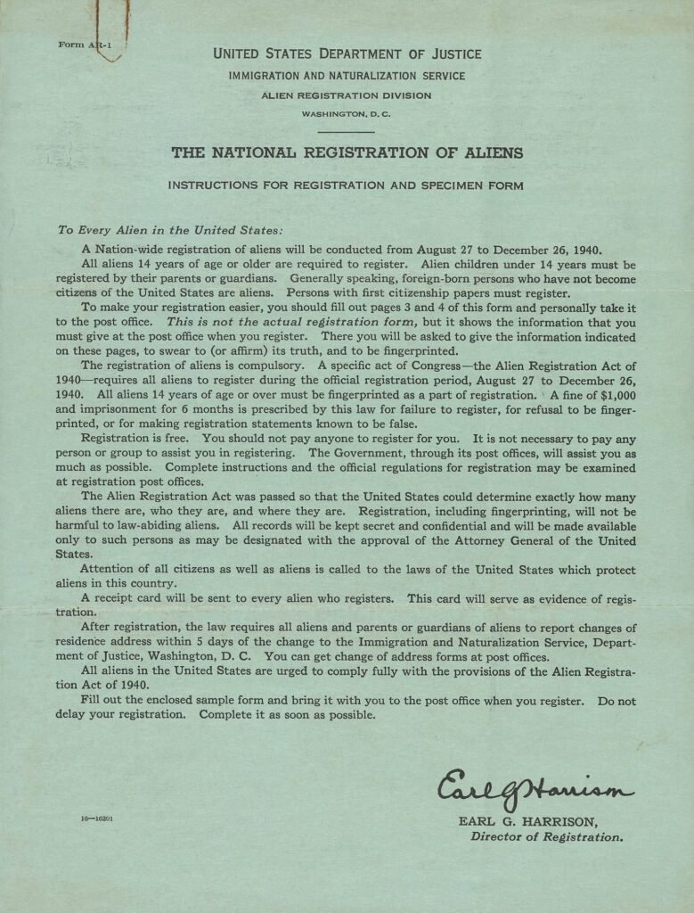 1940 Justice Department instructions for the national registration of aliens