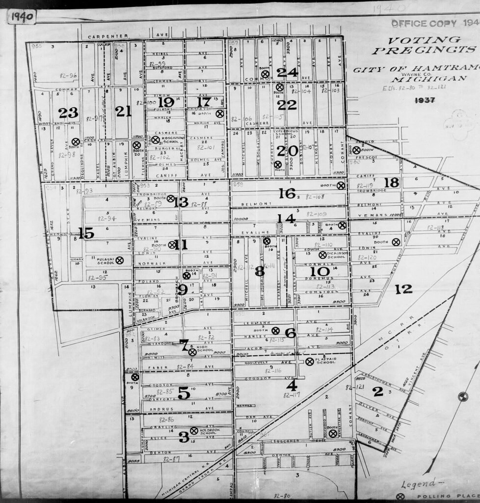1940 census enumeration district map of Hamtramck, Michigan, with district numbers on city blocks