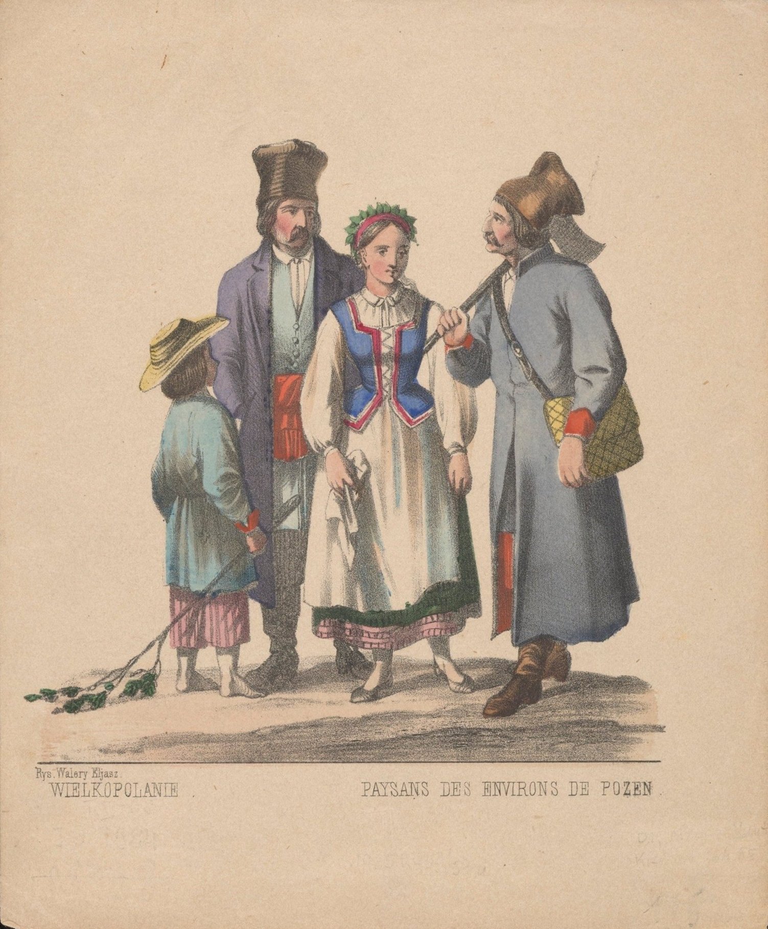 Hand-colored lithograph of peasants from the Poznań region in long coats and folk dress
