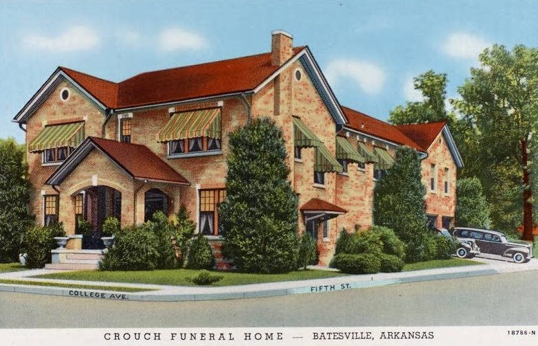 1941 color postcard of a small-town American funeral home building