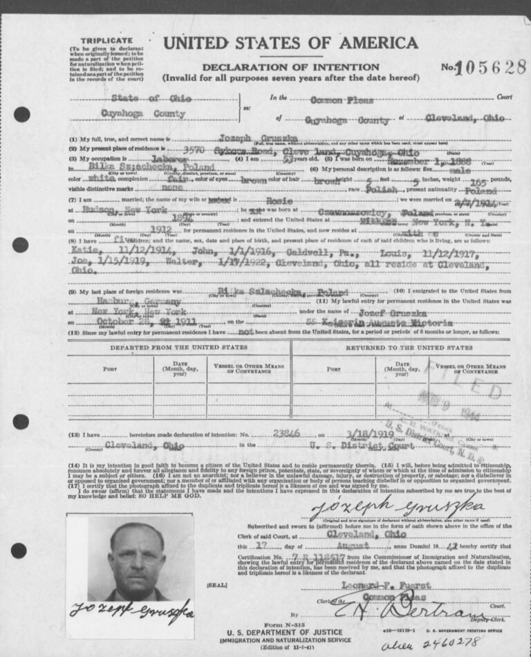 Naturalization petition page for Polish immigrant Jozeph Gruszka, US District Court, Cleveland