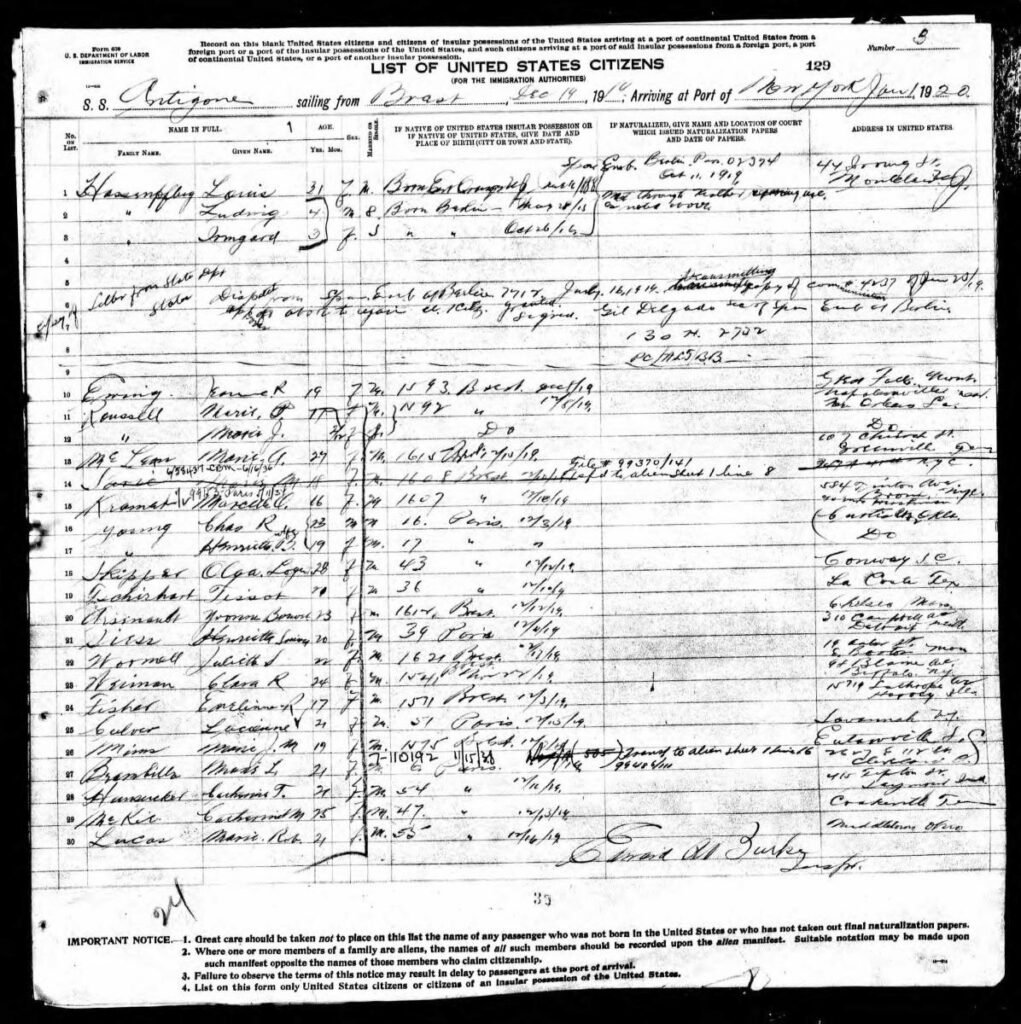 S.S. Antigone citizen list with Marie M. Saric's crossed-out entry on line 14