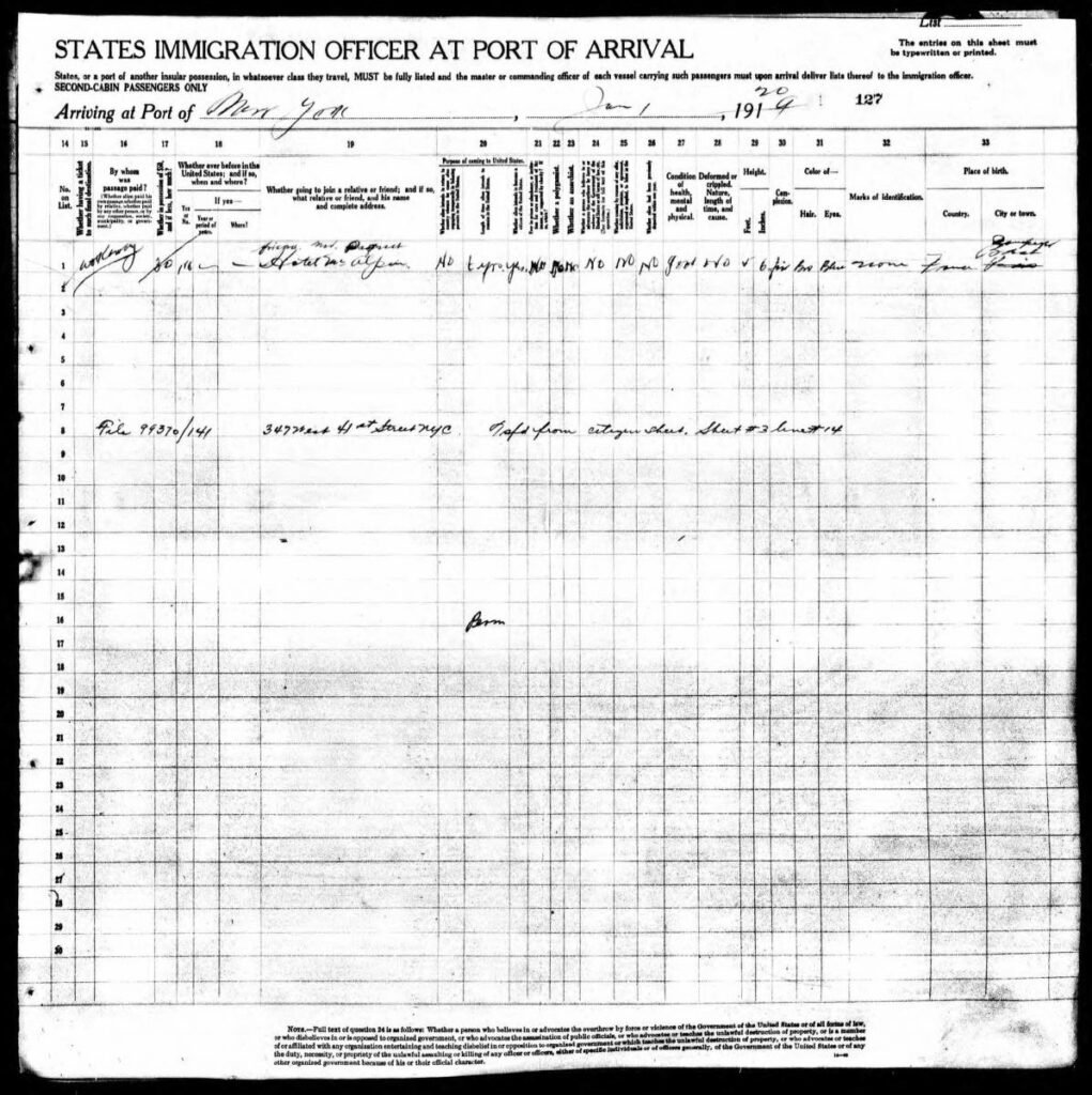 Second page of the S.S. Antigone alien passenger manifest from January 1, 1920