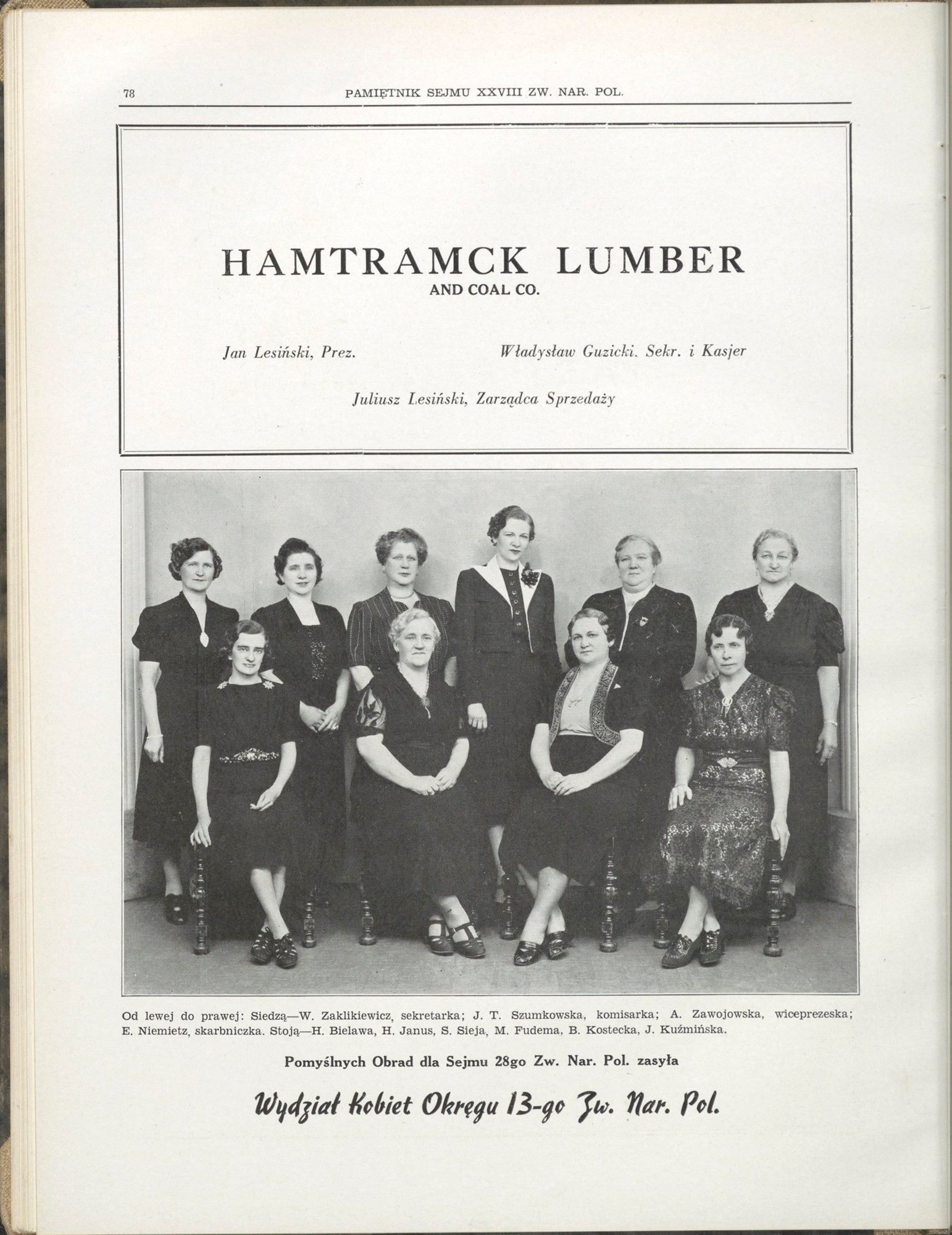 1939 program page with a Hamtramck Lumber advertisement and a group portrait of ten women