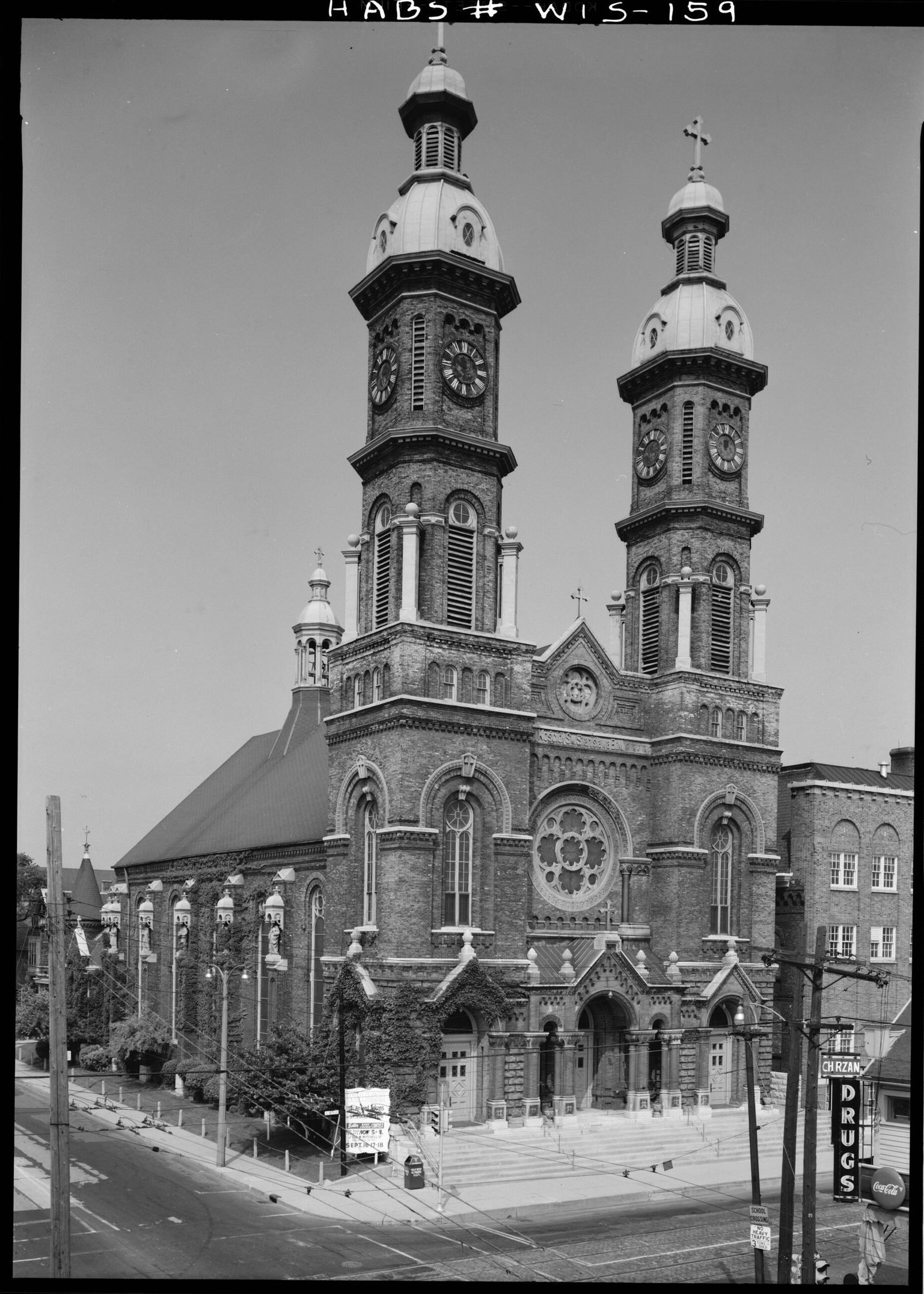 Historic survey photograph of St. Stanislaus church with twin domed towers, Milwaukee