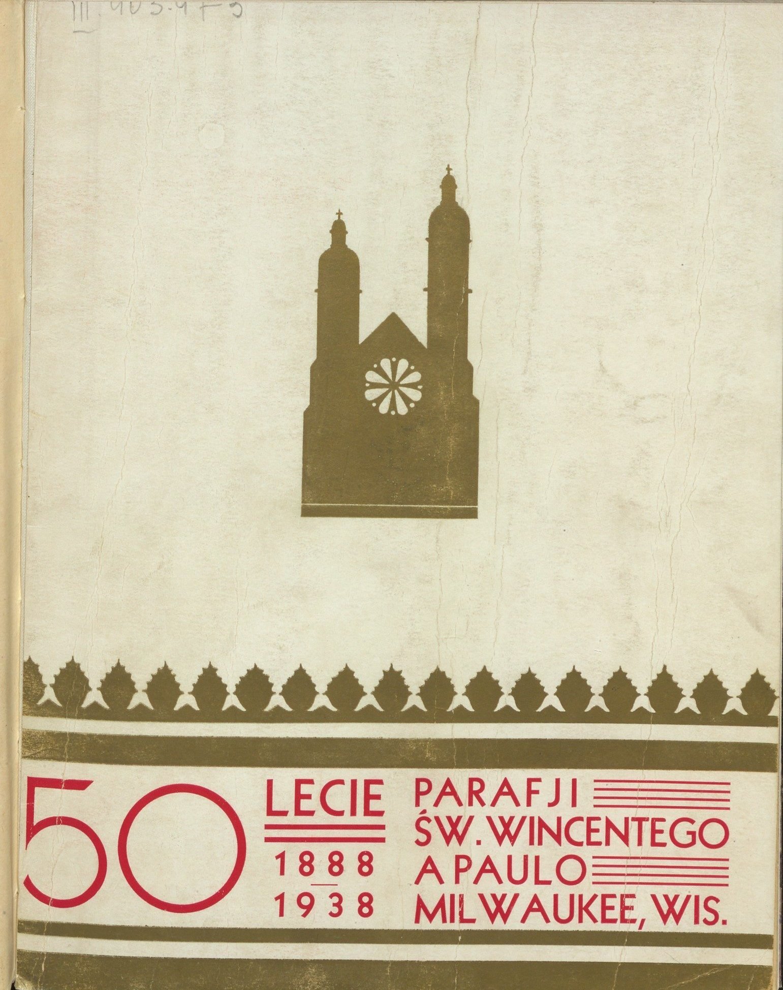 Art deco cover of a 1938 Polish parish jubilee book with a twin-towered church silhouette