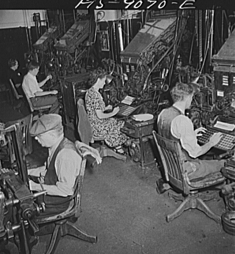 Linotype operators at work in the New York Times composing room, 1942