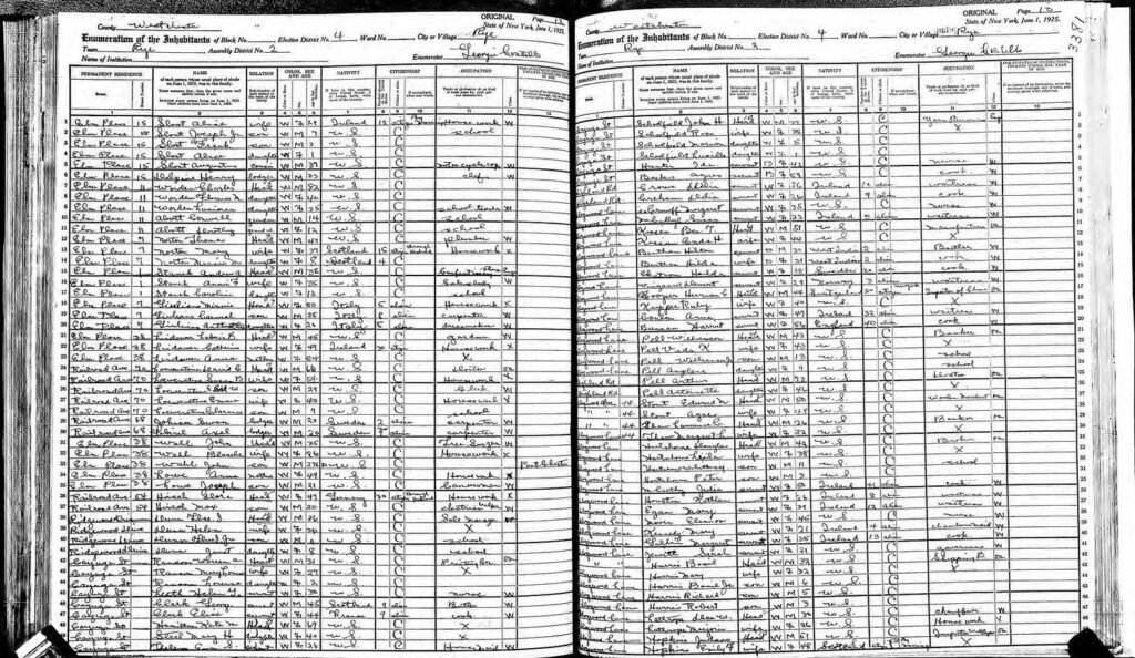 Handwritten page of the 1925 New York state census for Rye, New York