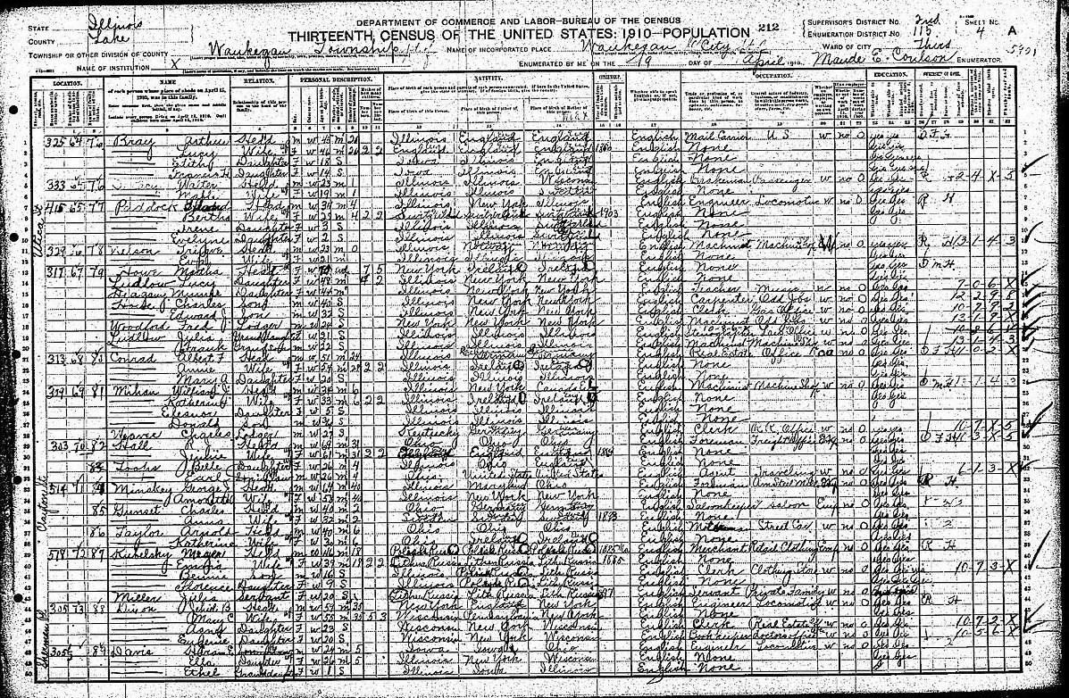 Handwritten page of the 1910 U.S. census population schedule
