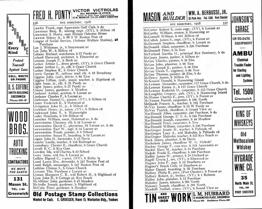 Page from a 1918 Rye, New York, city directory with resident names, occupations and addresses