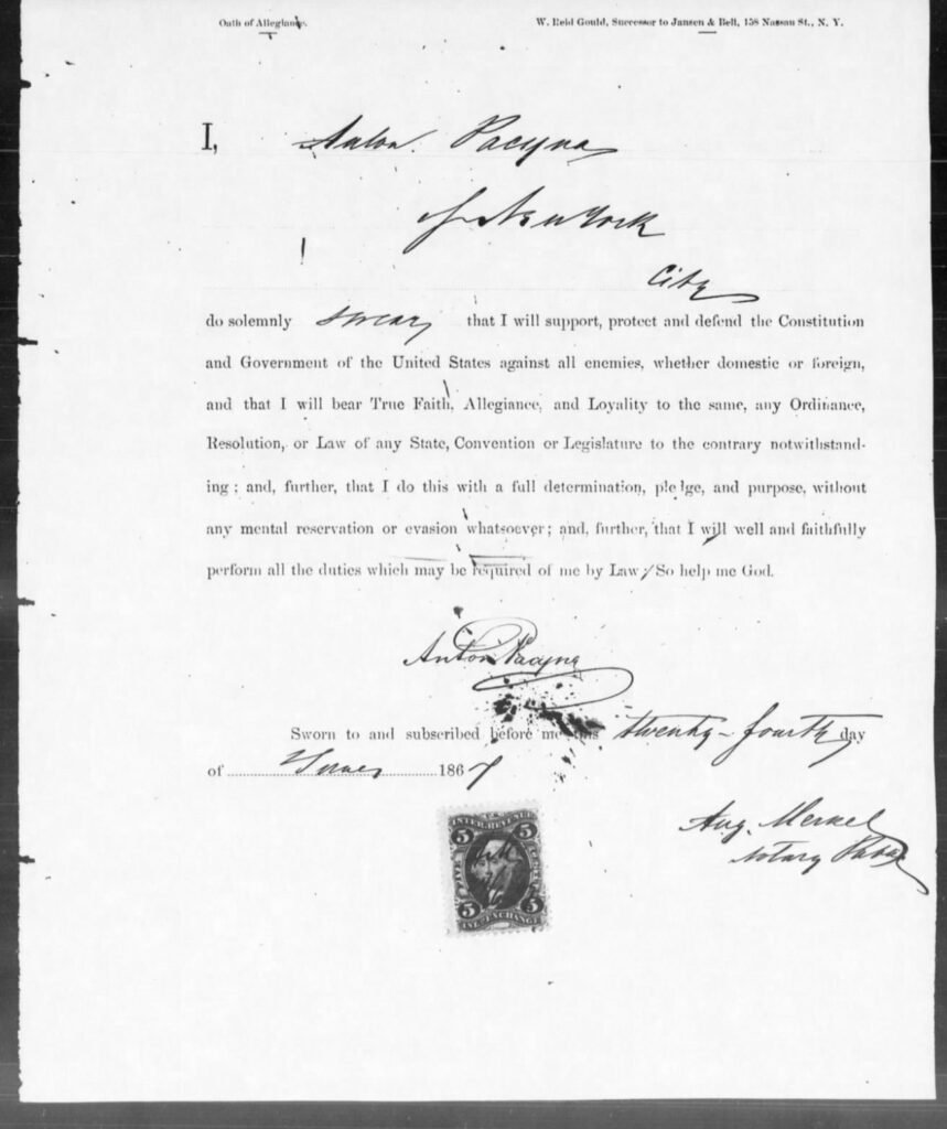 Handwritten 1867 US oath of allegiance of Polish immigrant Antoni Pacyna from a passport file