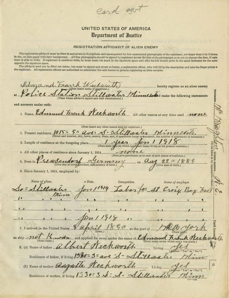 Page one of a 1918 registration affidavit of alien enemy from Stillwater, Minnesota