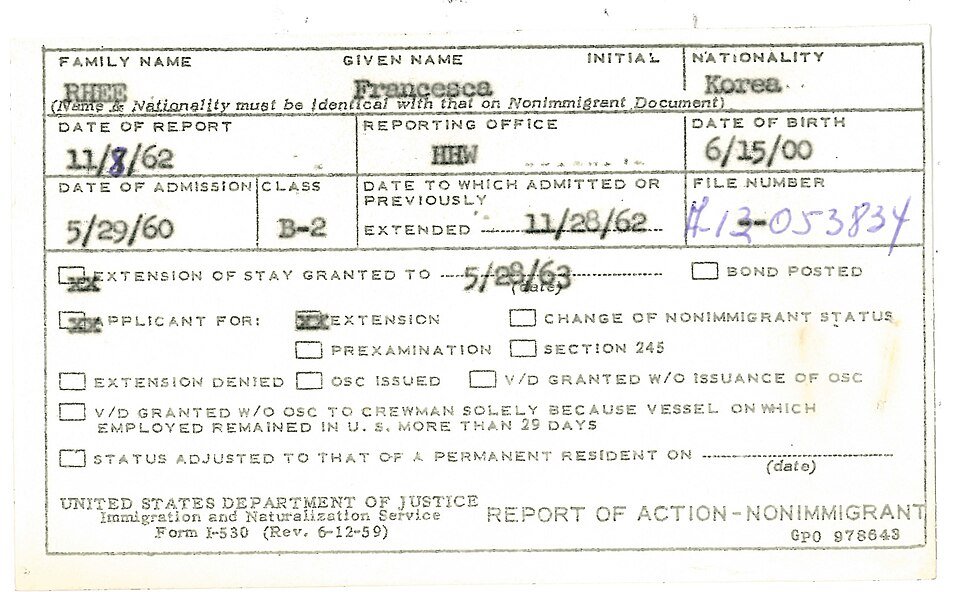INS Form I-530 in Francesca Rhee's A-file recording a 1962 action on nonimmigrant stay