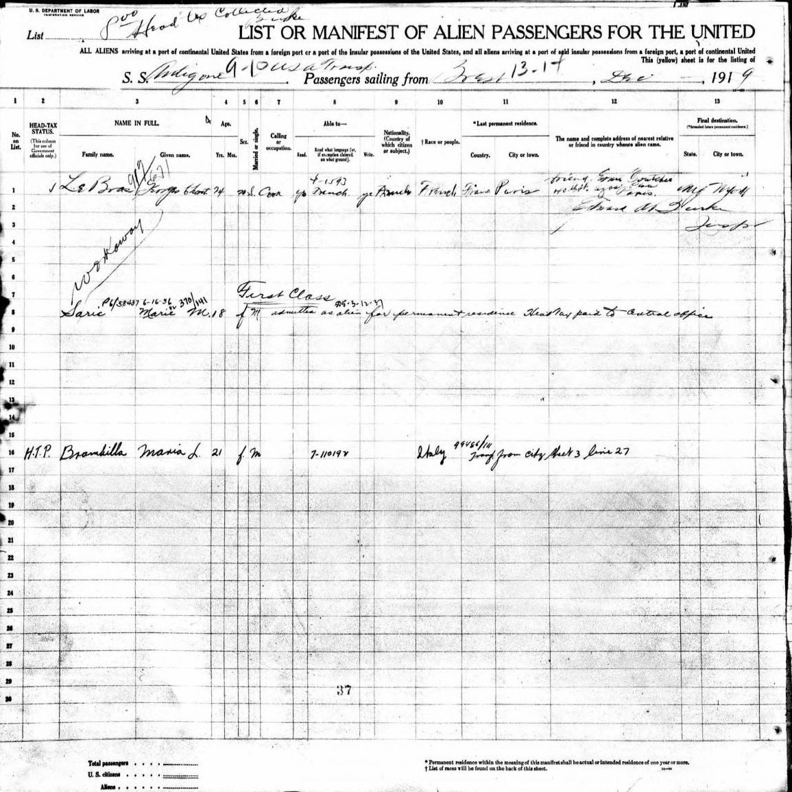 1920 Antigone alien-passenger sheet with a transferred Marie M. Saric entry at line 8