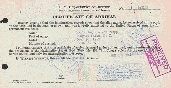 Certificate of Arrival for Maria Augusta von Trapp with port, entry date and certification date
