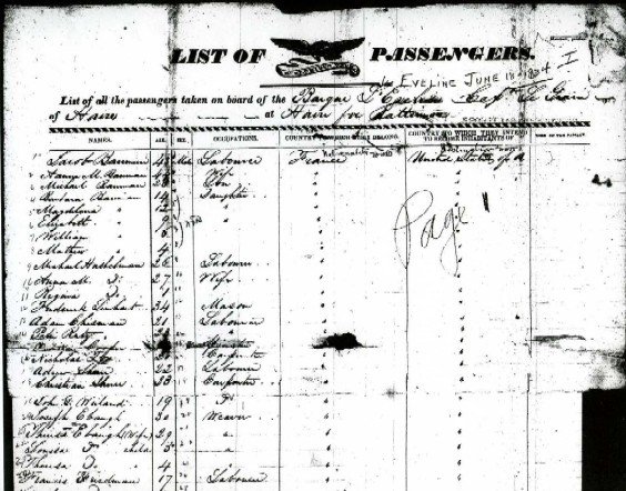 June 1834 Baltimore passenger list with printed name, age, sex and occupation headings
