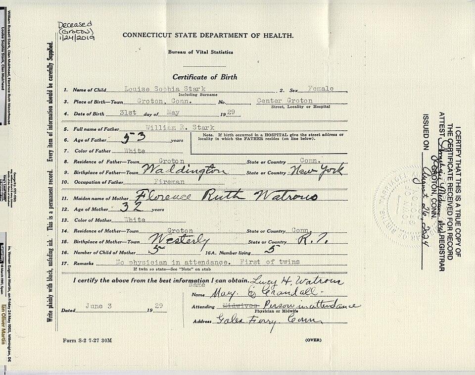 Louise Sophia Stark's 1929 Groton birth certificate showing parents and a twin notation