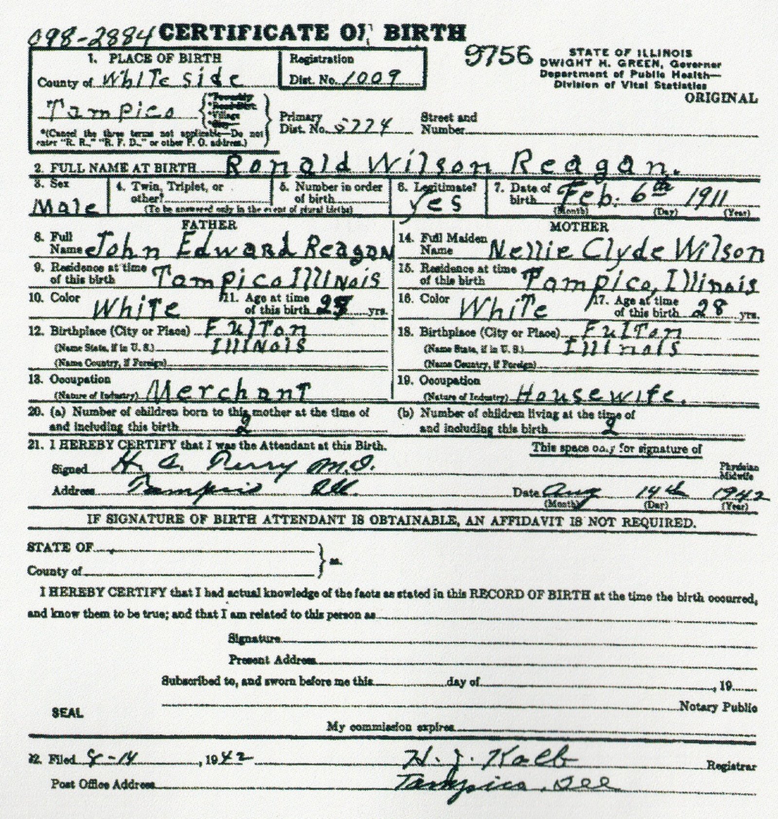 Ronald Wilson Reagan's Illinois certificate showing birth in 1911 and filing in 1942