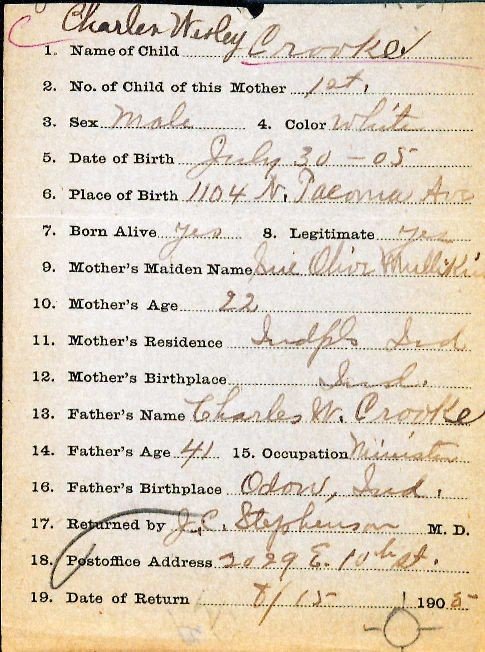 1905 Marion County birth return with 19 questions including the mother's maiden name
